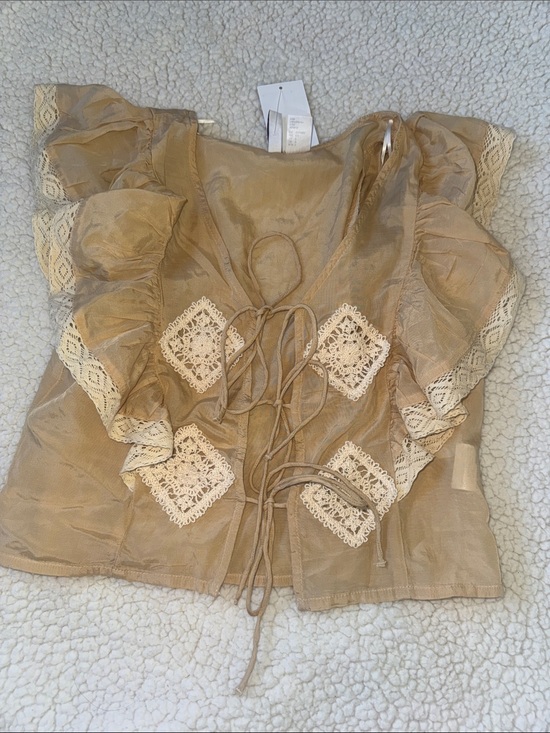 H&M Tops - H&M Beige Ruffle Tie-Front Blouse with Crochet Insets